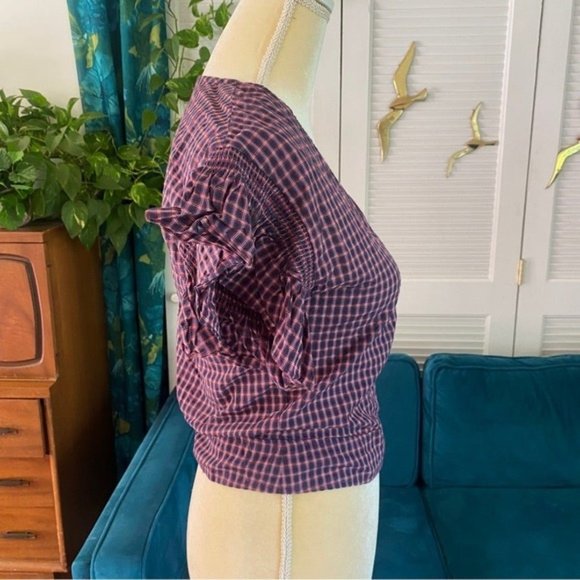 Flutter Sleeve Side Tie Wrap Top Plaid Small New Cotton Smocked Fall - Picture 3 of 6